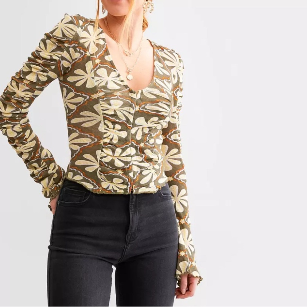 Free People Green and Cream Floral Blouse